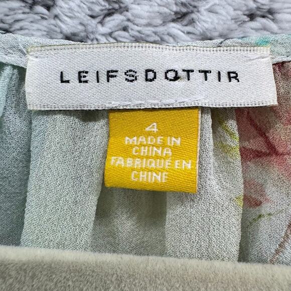 LEIFSDOTTIR Top Women 4 Green Silk Floral Catappa Blouse Crew Neck Ballon Sleeve - Picture 3 of 16